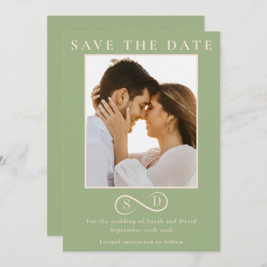 Elegant Sage Green Infinity Monogram Save the Date (Voorkant / Achterkant)