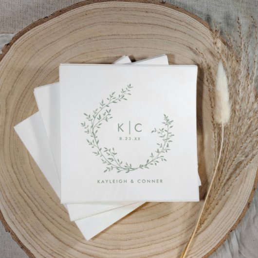 Elegant Sage Green Initials Botanical Wedding Servet