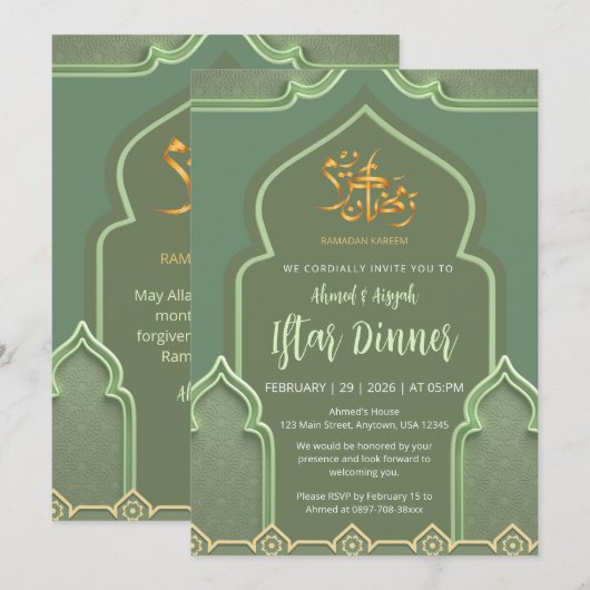 Elegant Sage Green Islamic Arch Iftar Dinner Kaart (Voorkant / Achterkant)