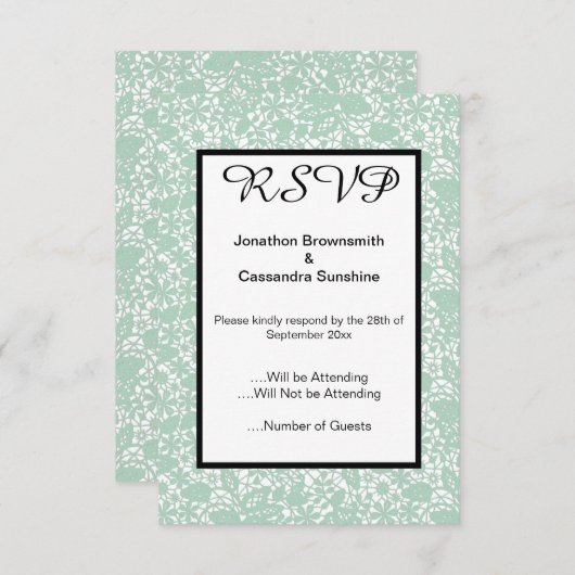 ELEGANT SAGE GREEN LACE RSVP KAART (Voorkant / Achterkant)