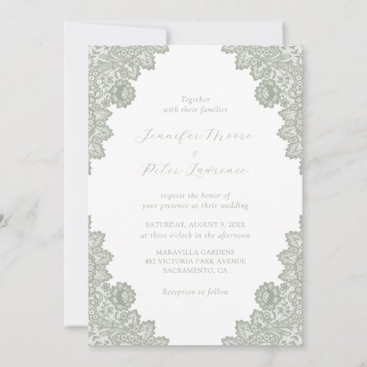 Elegant Sage Green Lace Wedding Invitation Kaart (Voorkant)