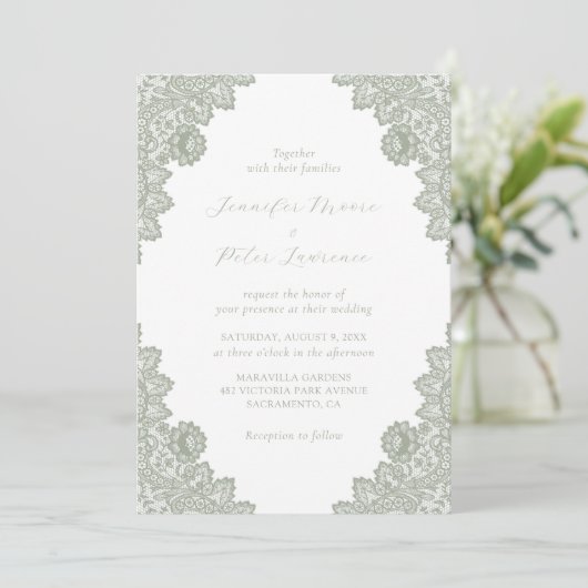 Elegant Sage Green Lace Wedding Invitation Kaart (Staand voorkant)