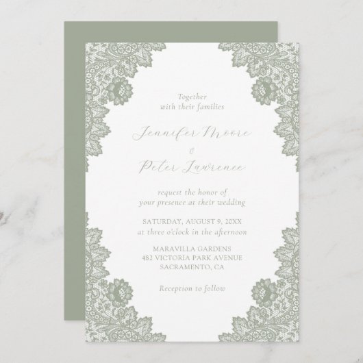 Elegant Sage Green Lace Wedding Invitation Kaart (Voorkant / Achterkant)