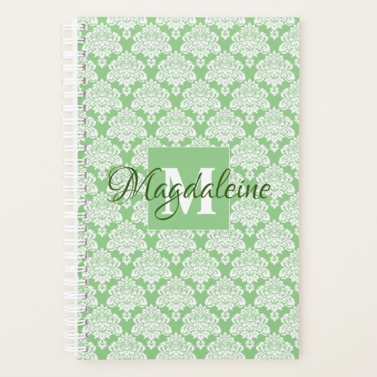 Elegant Sage Green Lacy Damask Naam & Initiaal Planner (Voorkant)