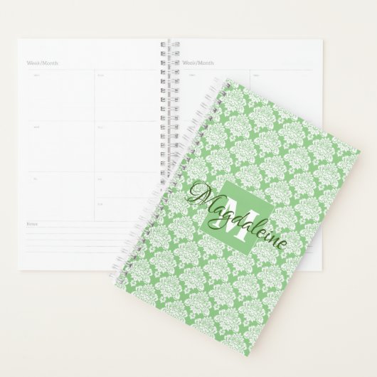 Elegant Sage Green Lacy Damask Naam & Initiaal Planner (Display)
