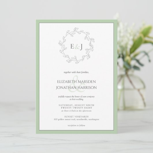 Elegant Sage Green Leaf Wreater Monogram Wedding Kaart (Staand voorkant)