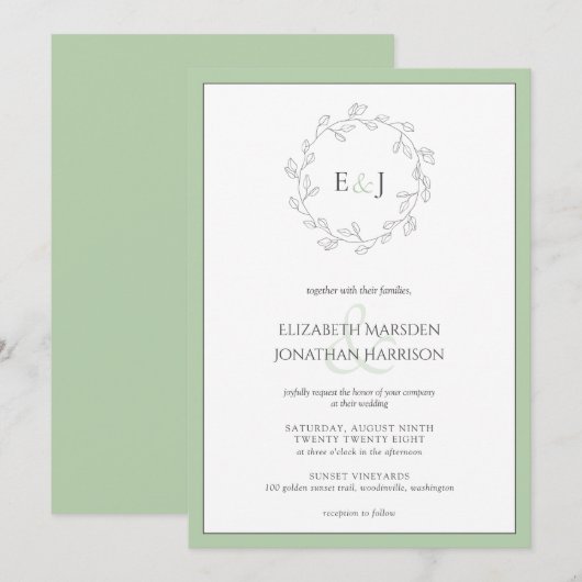 Elegant Sage Green Leaf Wreater Monogram Wedding Kaart (Voorkant / Achterkant)