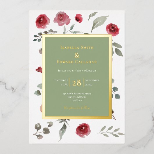 Elegant Sage Green Leaves Burgundy Rozen Gold Folie Uitnodiging (Voorkant)