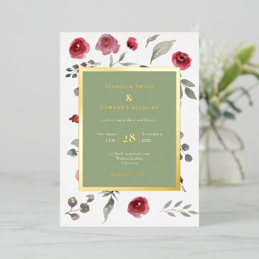 Elegant Sage Green Leaves Burgundy Rozen Gold Folie Uitnodiging (Staand Voorkant)