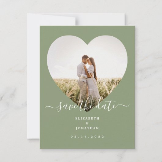 Elegant Sage Green Minimalist Heart Photo Wedding Save The Date (Voorkant)