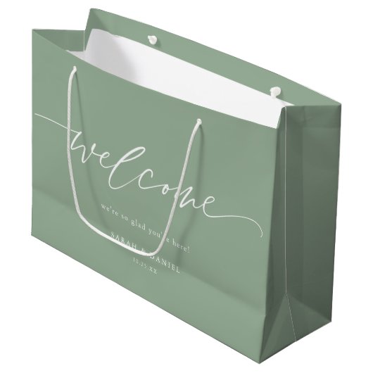 Elegant Sage Green Mint Wedding Welcome Gift Bag Groot Cadeauzakje (Voorkant Gekanteld)