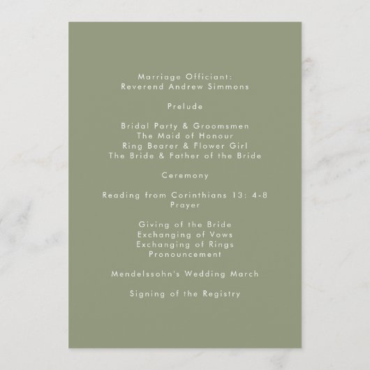 Elegant Sage Green Modern Calligraphy Wedding Programmakaart (Achterkant)