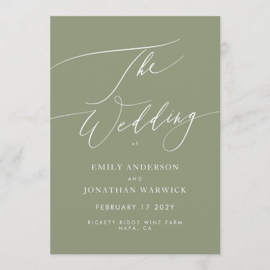 Elegant Sage Green Modern Calligraphy Wedding Programmakaart (Voorkant)