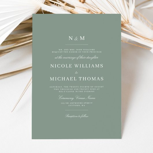 Elegant Sage Green Monogram Classic Wedding Kaart