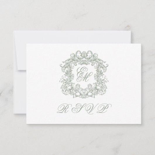 Elegant Sage Green Monogram Crest Meals Wedding RSVP Kaartje (Voorkant)