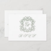 Elegant Sage Green Monogram Crest Meals Wedding RSVP Kaartje (Voorkant / Achterkant)