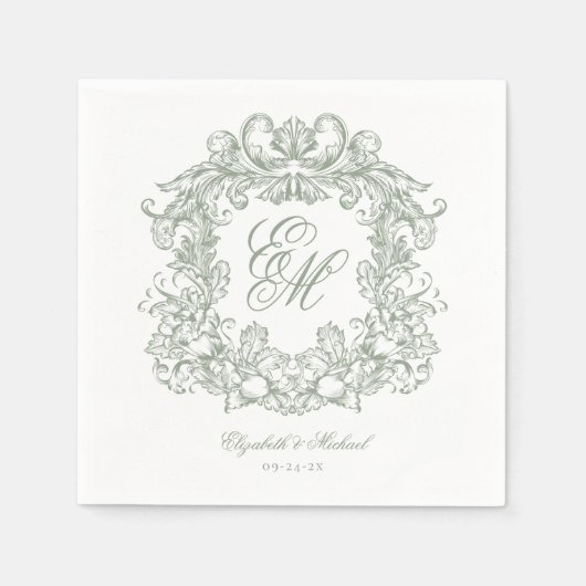 Elegant Sage Green Monogram Crest Script Wedding Servet (Voorkant)