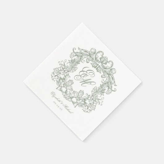 Elegant Sage Green Monogram Crest Script Wedding Servet (Hoek)