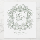 Elegant Sage Green Monogram Crest Vintage Wedding Wijn Etiket (Enkel label)