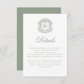 Elegant Sage Green Monogram Crest Wedding Details Informatiekaartje (Voorkant / Achterkant)