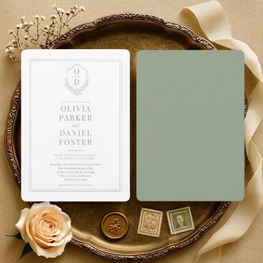 Elegant Sage Green Monogram Crest Wedding Kaart