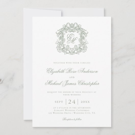 Elegant Sage Green Monogram Crest Wedding Kaart (Voorkant)