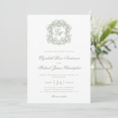 Elegant Sage Green Monogram Crest Wedding Kaart (Staand voorkant)
