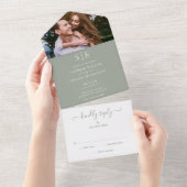 Elegant Sage Green Monogram Foto Weddenschap All In One Uitnodiging (Afscheurbaar)