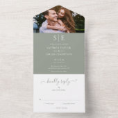 Elegant Sage Green Monogram Foto Weddenschap All In One Uitnodiging (Binnen)