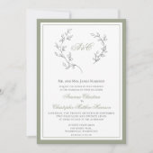 Elegant Sage Green Monogram Leaf Wreater Weddensch Kaart (Voorkant)