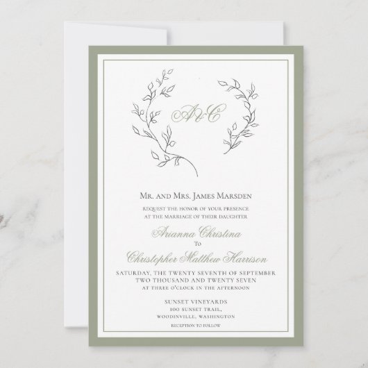 Elegant Sage Green Monogram Leaf Wreater Weddensch Kaart (Voorkant)