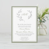 Elegant Sage Green Monogram Leaf Wreater Weddensch Kaart (Staand voorkant)