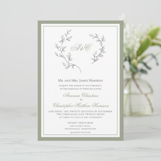 Elegant Sage Green Monogram Leaf Wreater Weddensch Kaart (Staand voorkant)