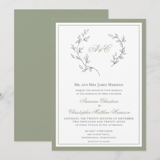 Elegant Sage Green Monogram Leaf Wreater Weddensch Kaart (Voorkant / Achterkant)