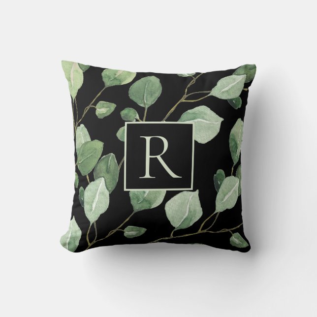 Elegant Sage Green Monogram Leaves Kussen (Voorkant)