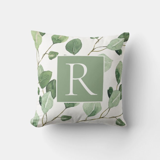 Elegant Sage Green Monogram Leaves Kussen (Voorkant)
