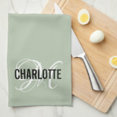 Elegant sage green monogram name theedoek (Quarter Fold)