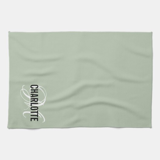 Elegant sage green monogram name theedoek (Horizontaal)