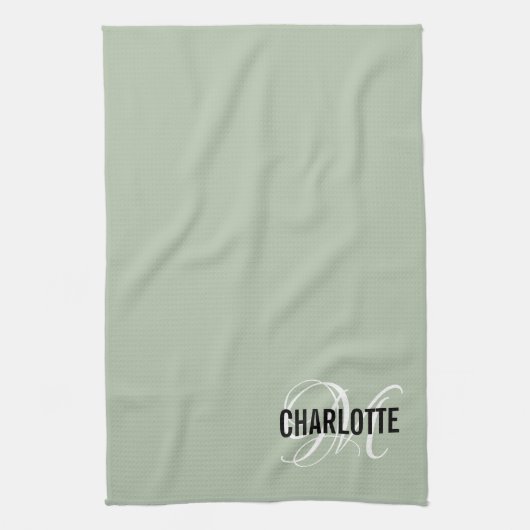 Elegant sage green monogram name theedoek (Verticaal)