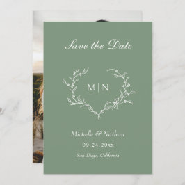 Elegant Sage Green Monogram Save the Date Photo Kaart