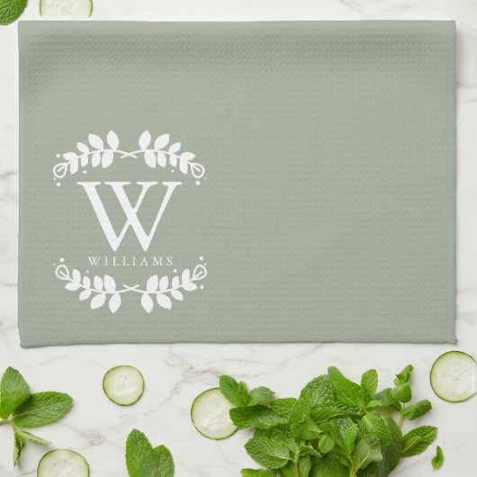 Elegant Sage Green Monogram Theedoek (Gevouwen)
