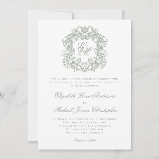 Elegant Sage Green Monogram Wedding Crest Kaart (Voorkant)