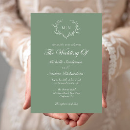 Elegant Sage Green Monogram Wedding Kaart