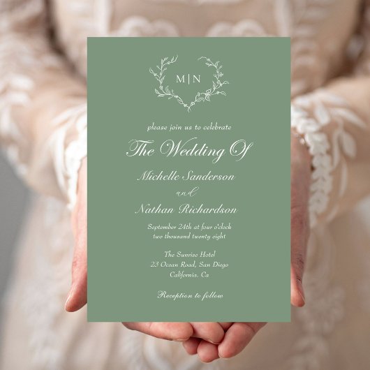 Elegant Sage Green Monogram Wedding Kaart