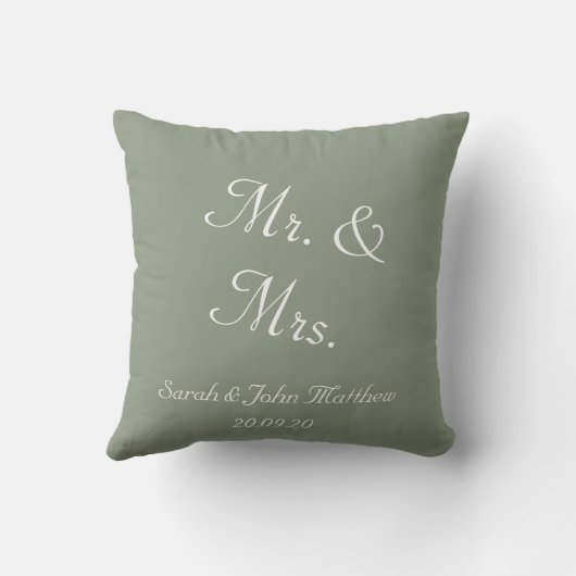 Elegant Sage Green Mr.and Mrs Name Date Script  Kussen (Achterkant)