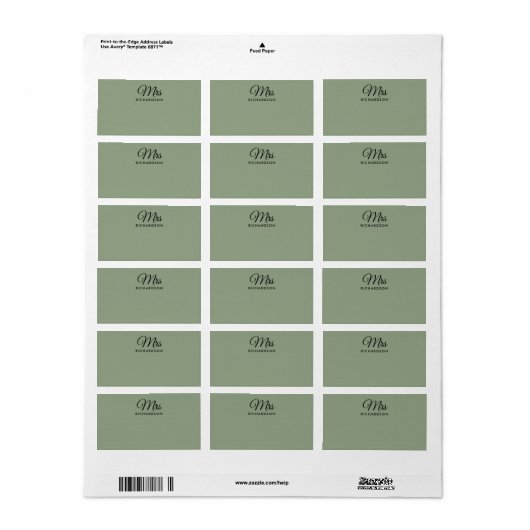 Elegant Sage Green Mrs Family Name Blank Address Etiket (Full Sheet)