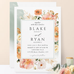 Elegant Sage Green, Peach Botanical Wedding Kaart