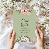 Elegant Sage Green Peony Floral Save the Date Card Kaart