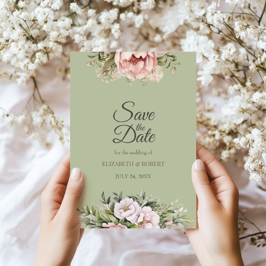 Elegant Sage Green Peony Floral Save the Date Card Kaart