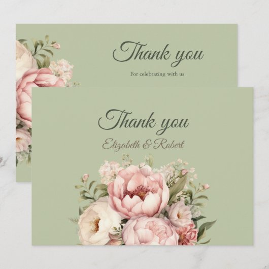 Elegant Sage Green Peony Floral Thank You Card Bedankkaart (Voorkant / Achterkant)